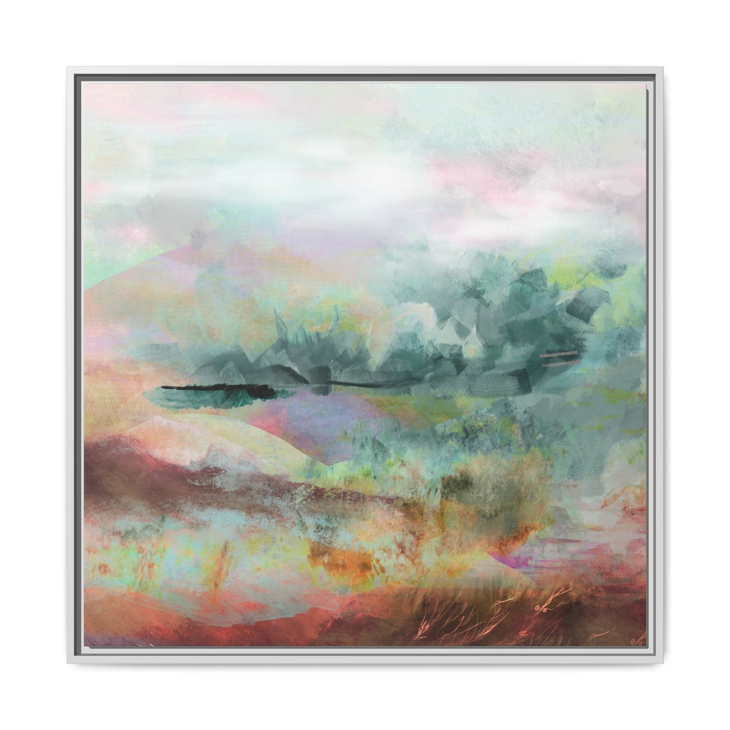 Woven Dreams, Warm | Abstract Pastel Landscape Framed Canvas Art — Matte Multi-Color Wall Decor