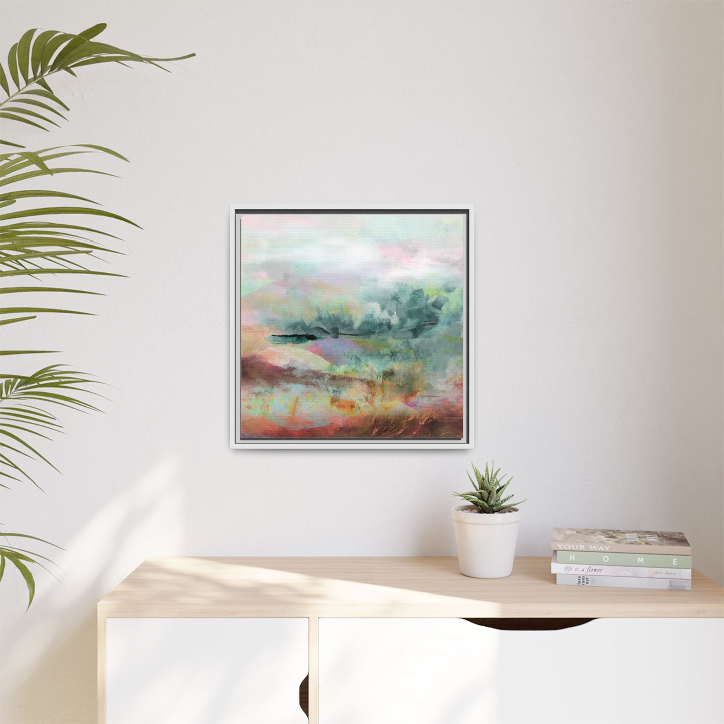 Woven Dreams, Warm | Abstract Pastel Landscape Framed Canvas Art — Matte Multi-Color Wall Decor
