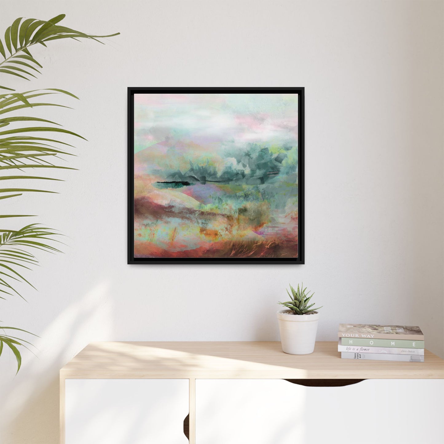 Woven Dreams, Warm | Abstract Pastel Landscape Framed Canvas Art — Matte Multi-Color Wall Decor