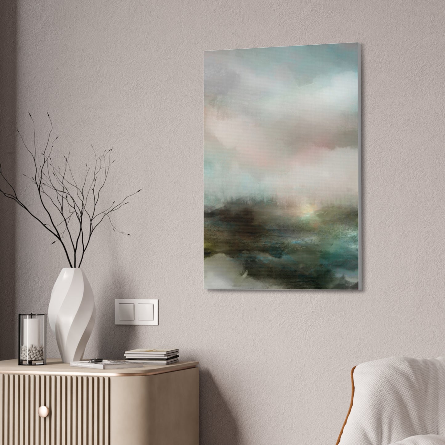 Mercy | Abstract Coastal Mist Canvas Wall Art – Serene Teal & Blush Stretched Canvas