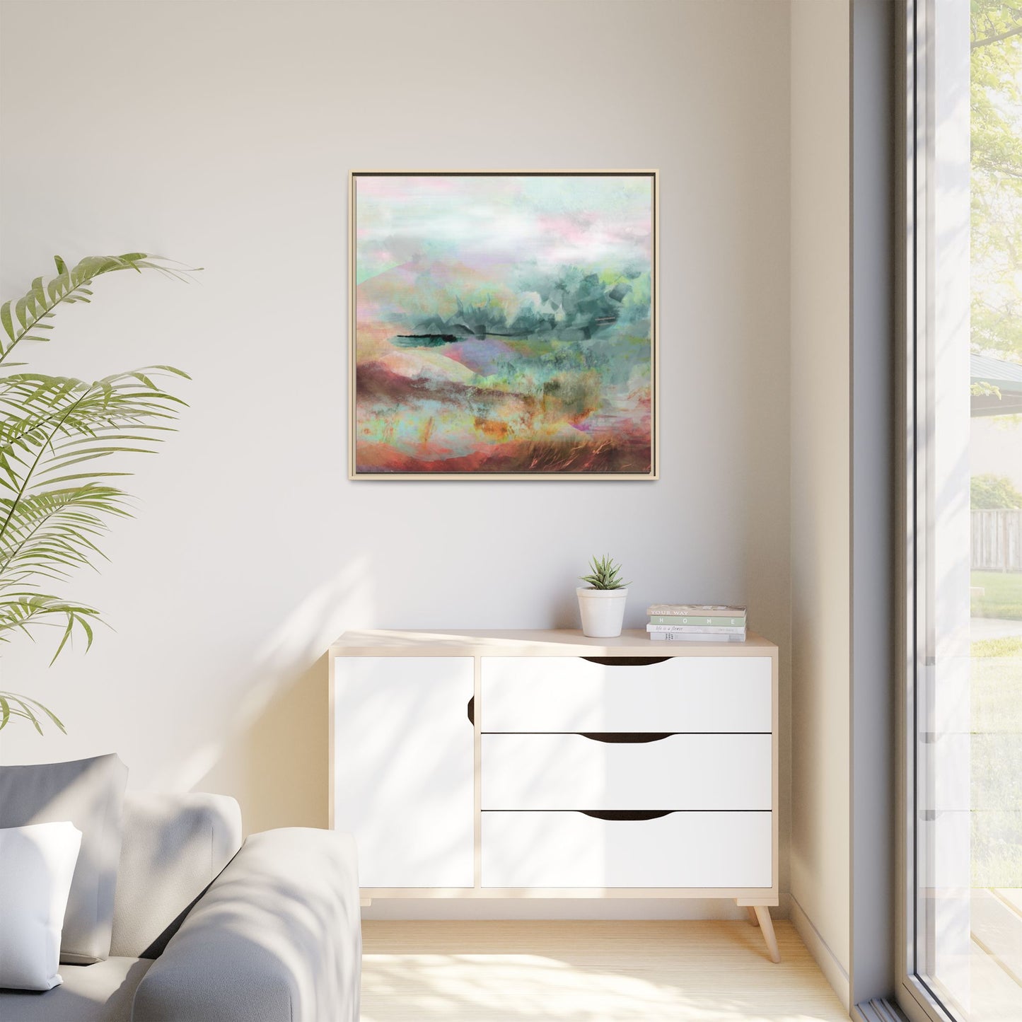 Woven Dreams, Warm | Abstract Pastel Landscape Framed Canvas Art — Matte Multi-Color Wall Decor