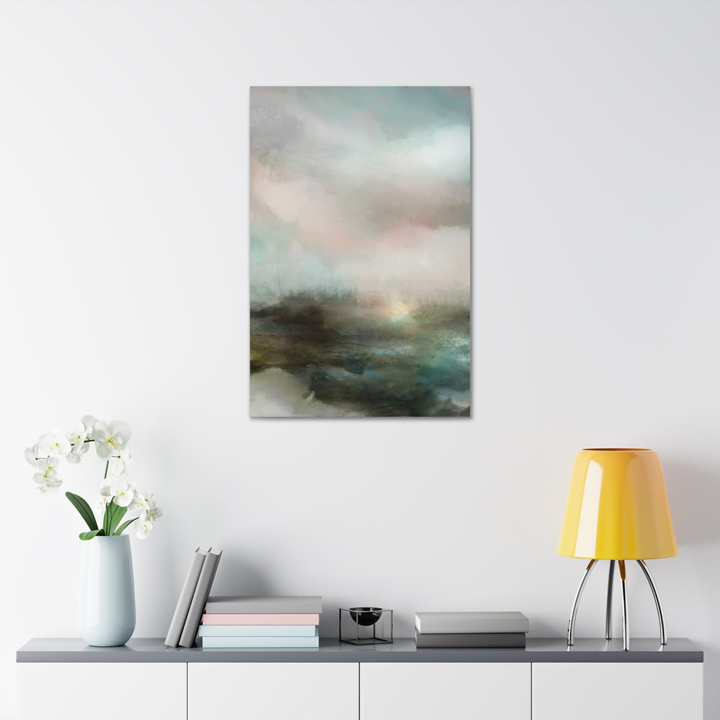 Mercy | Abstract Coastal Mist Canvas Wall Art – Serene Teal & Blush Stretched Canvas