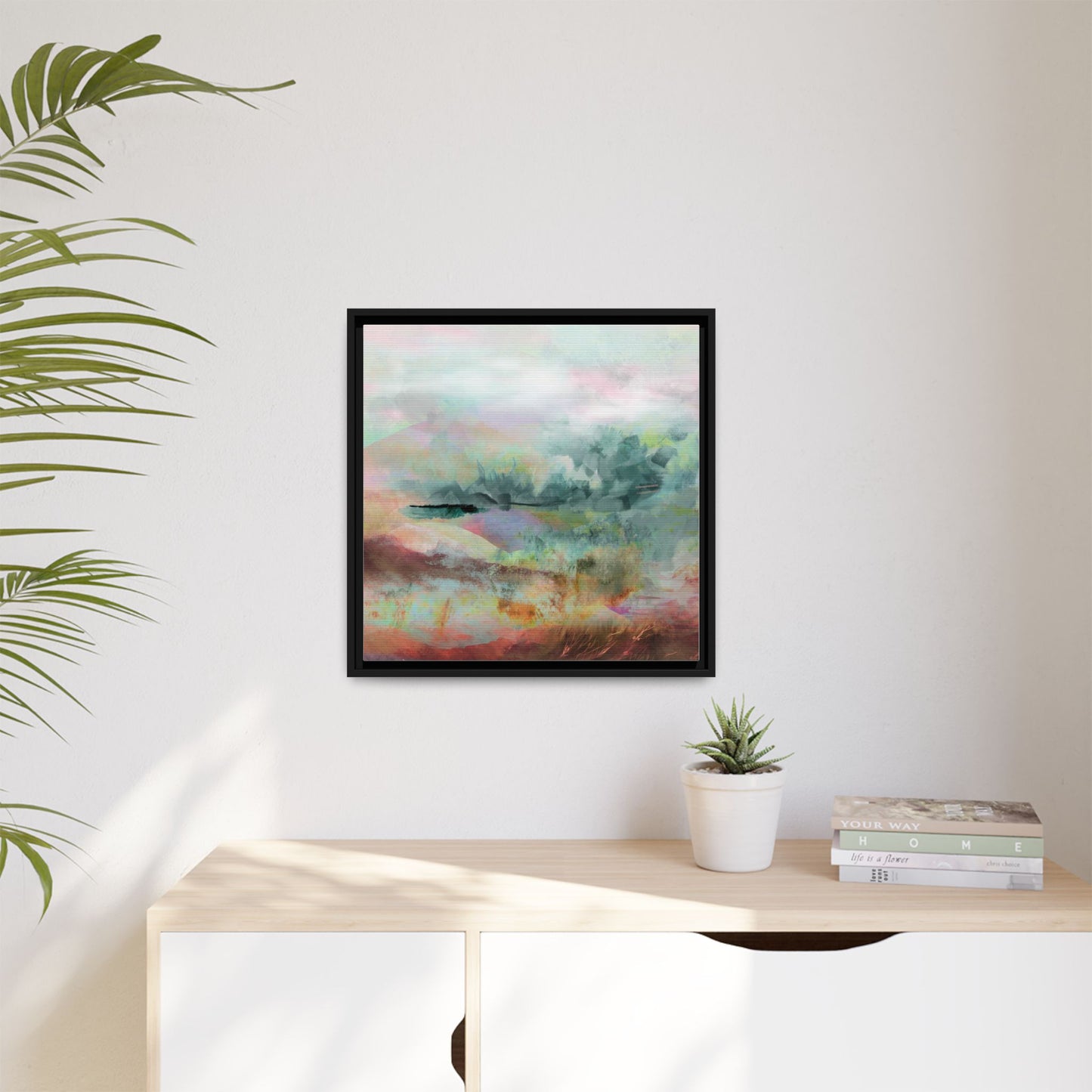 Woven Dreams, Warm | Abstract Pastel Landscape Framed Canvas Art — Matte Multi-Color Wall Decor