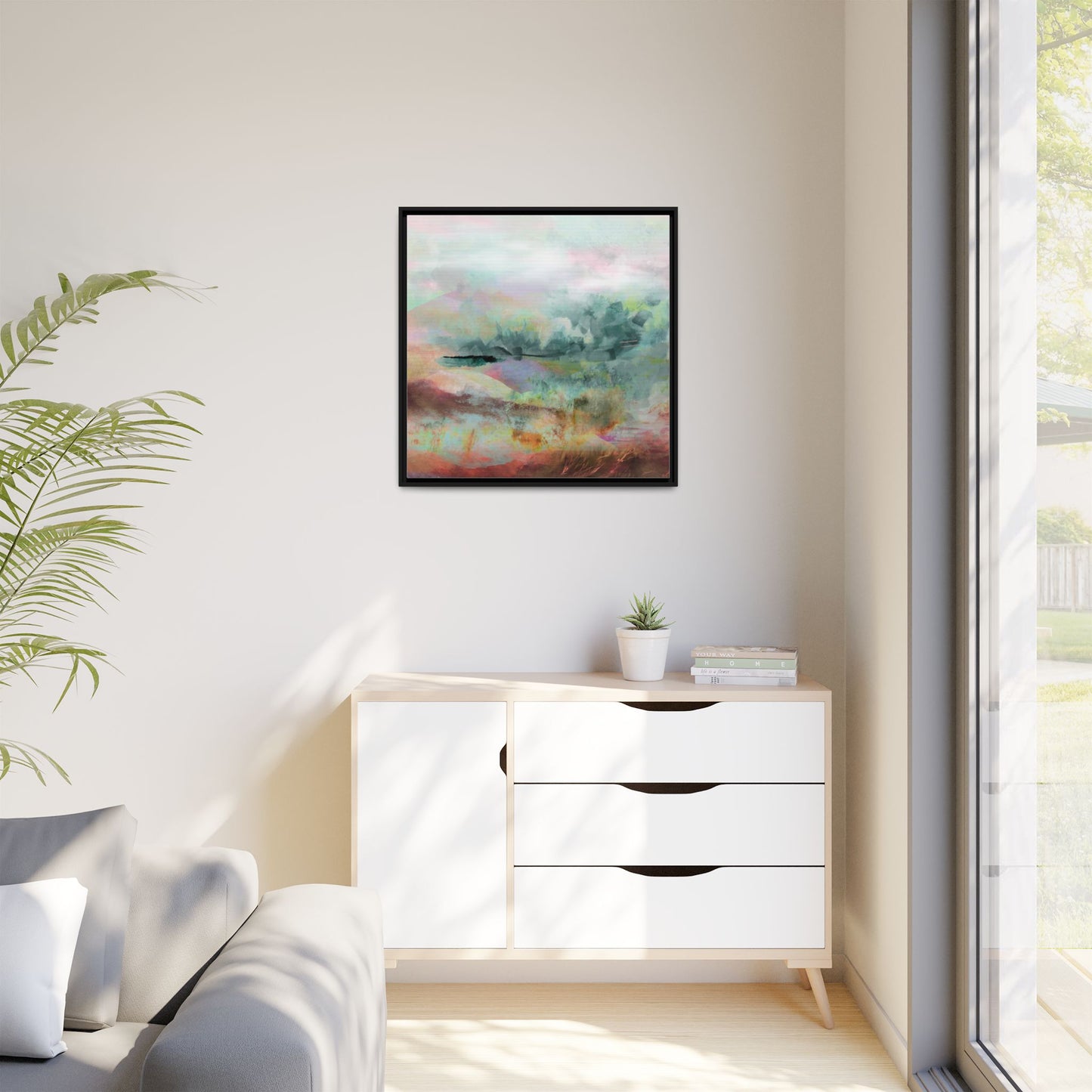 Woven Dreams, Warm | Abstract Pastel Landscape Framed Canvas Art — Matte Multi-Color Wall Decor
