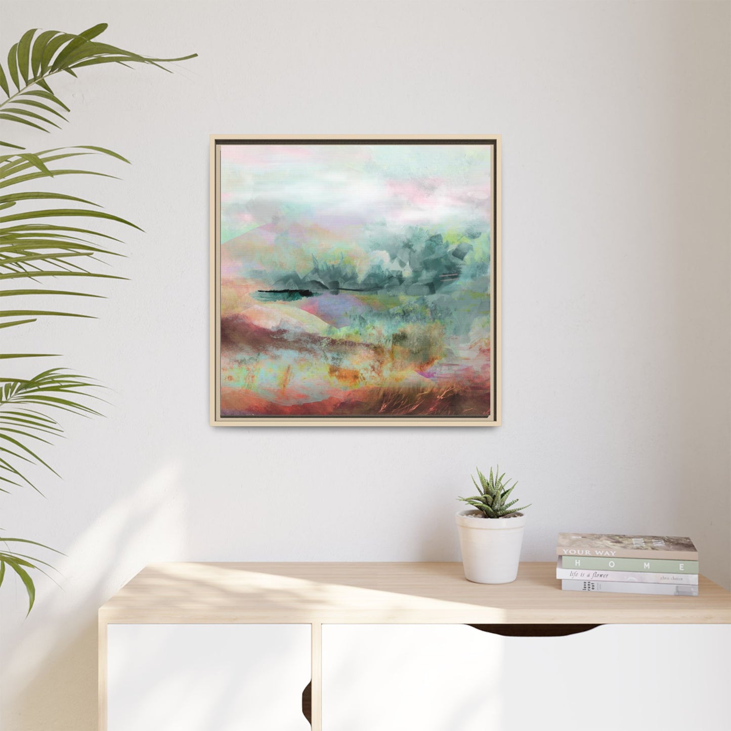 Woven Dreams, Warm | Abstract Pastel Landscape Framed Canvas Art — Matte Multi-Color Wall Decor
