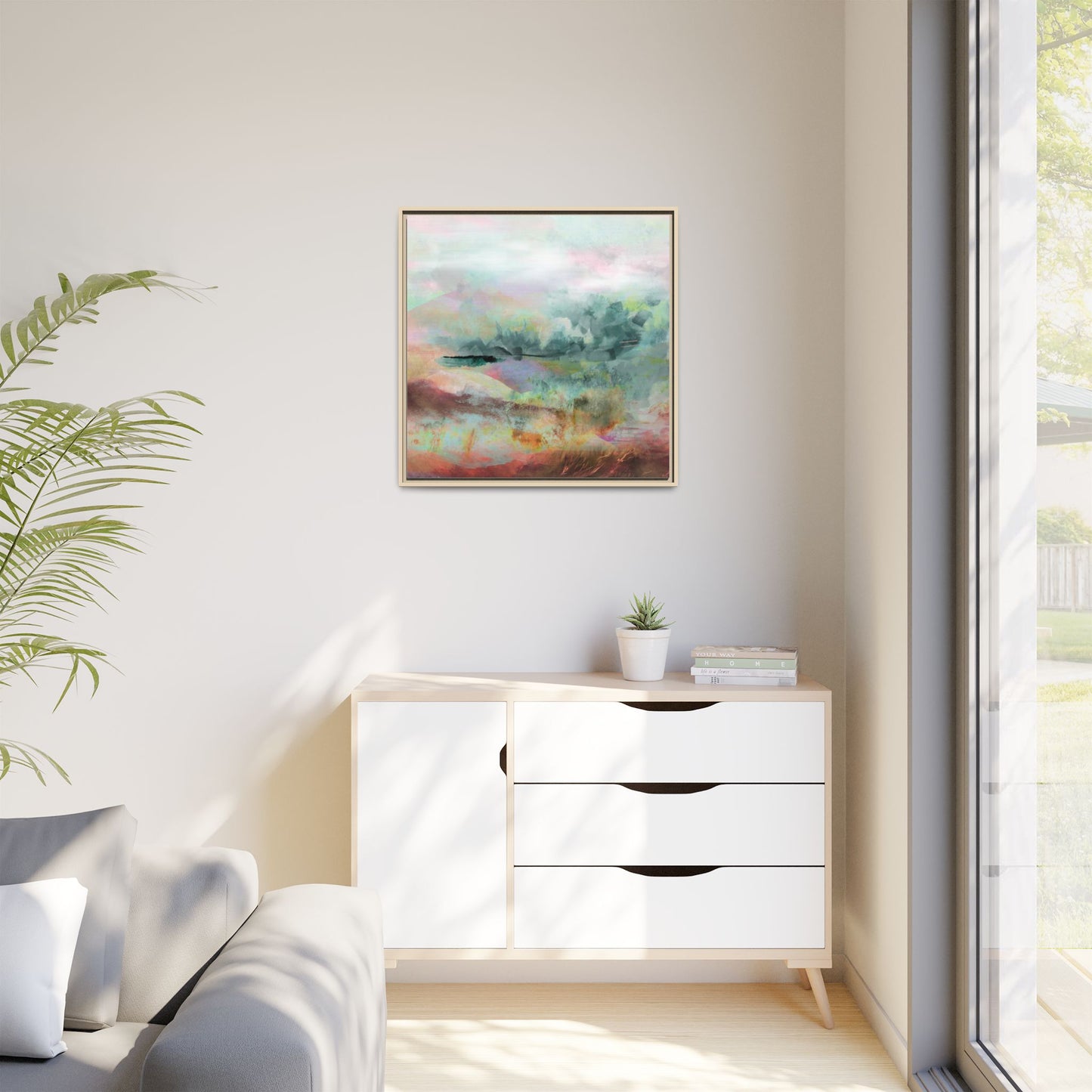 Woven Dreams, Warm | Abstract Pastel Landscape Framed Canvas Art — Matte Multi-Color Wall Decor