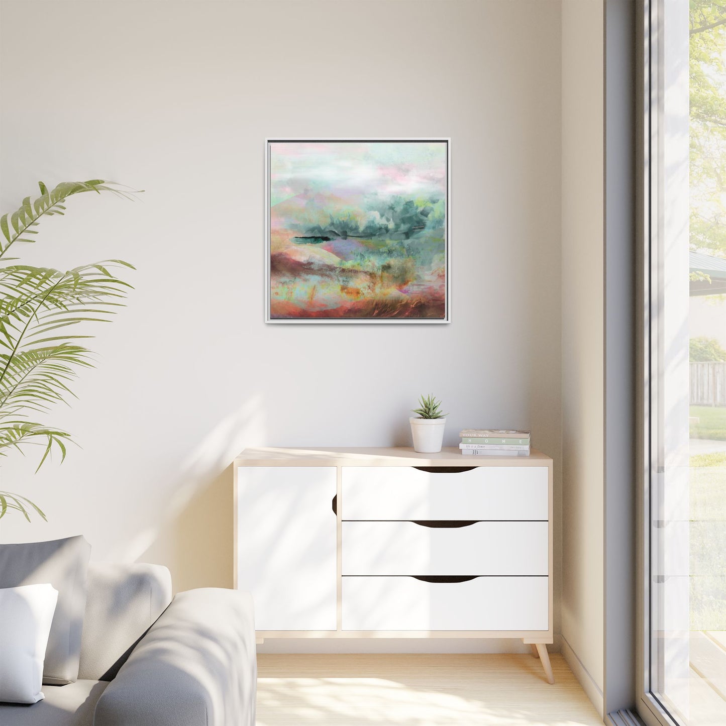 Woven Dreams, Warm | Abstract Pastel Landscape Framed Canvas Art — Matte Multi-Color Wall Decor
