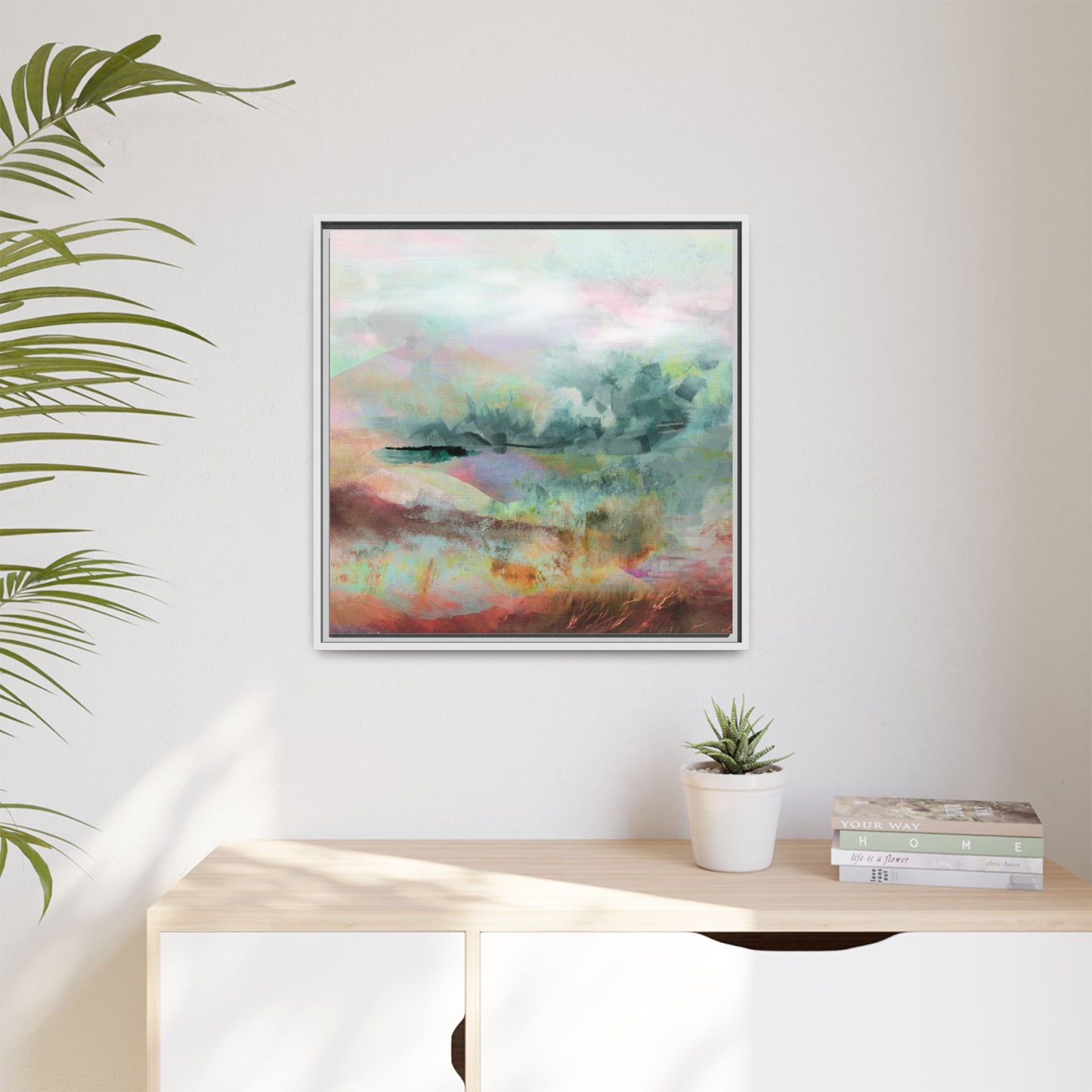 Woven Dreams, Warm | Abstract Pastel Landscape Framed Canvas Art — Matte Multi-Color Wall Decor