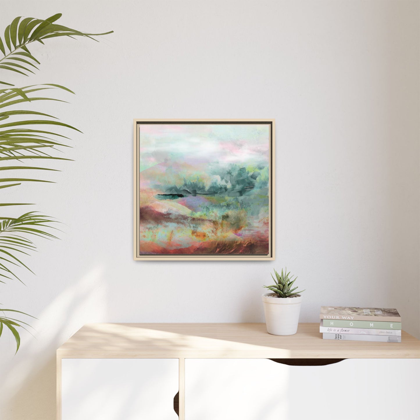 Woven Dreams, Warm | Abstract Pastel Landscape Framed Canvas Art — Matte Multi-Color Wall Decor