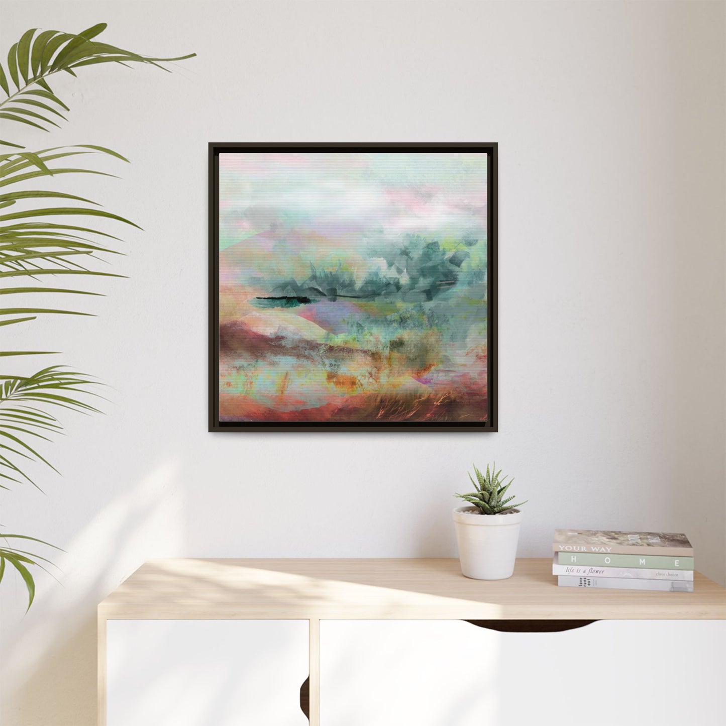 Woven Dreams, Warm | Abstract Pastel Landscape Framed Canvas Art — Matte Multi-Color Wall Decor