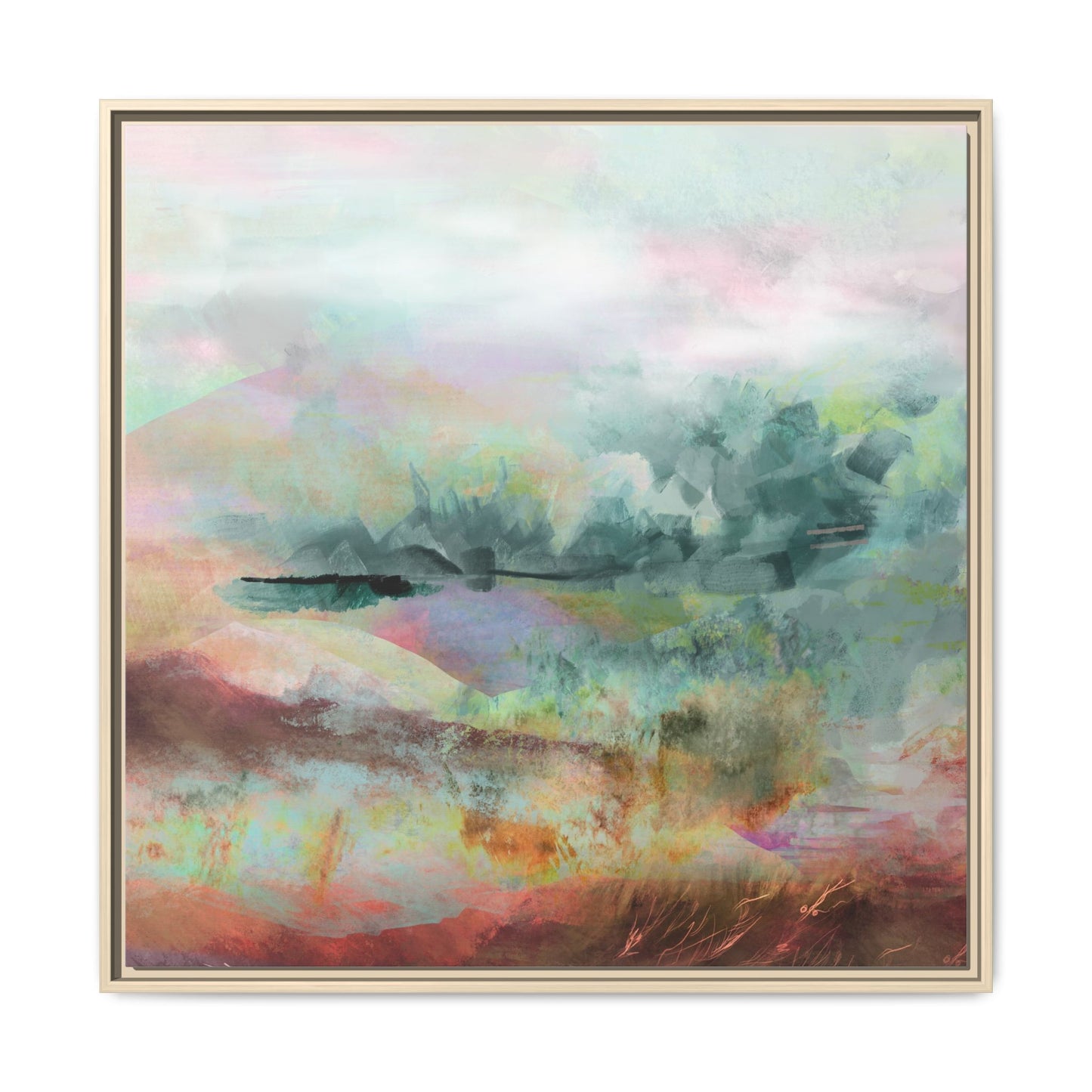 Woven Dreams, Warm | Abstract Pastel Landscape Framed Canvas Art — Matte Multi-Color Wall Decor