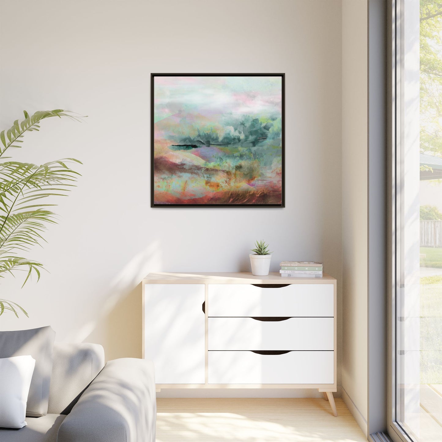 Woven Dreams, Warm | Abstract Pastel Landscape Framed Canvas Art — Matte Multi-Color Wall Decor