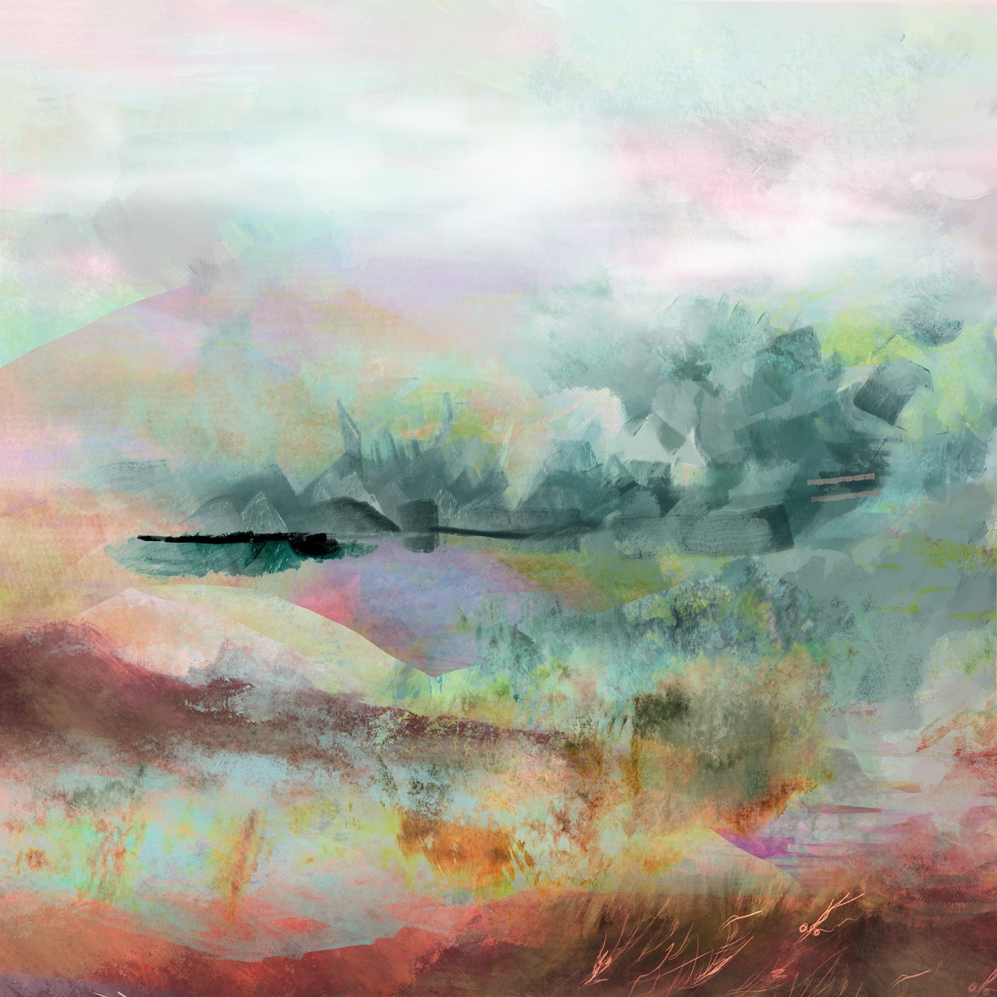 Woven Dreams, Warm | Abstract Pastel Landscape Framed Canvas Art — Matte Multi-Color Wall Decor